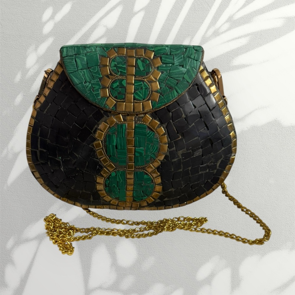 RAMLA Black, Green & Gold Mosaic handcrafted bag. NWOT